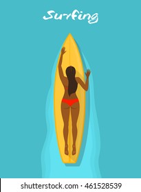 Surfer Woman auf Surfboard Draufsicht. minimale Vintage-Retro-Plakatvorlage