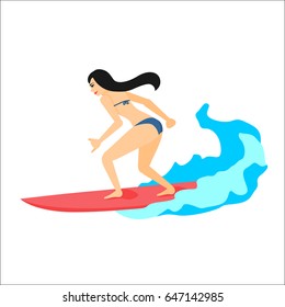 Surfer woman on surfboard. Vector illustration