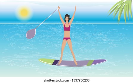 Surfer woman on surfing board - sea, sun, waves, palm tree - vector