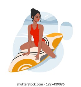 Surfer woman is sitting on surfboard in ocean wave. Girl in red swimwear chilling on surf in sea. Flat or catroon isolated trendy vector illustration. 