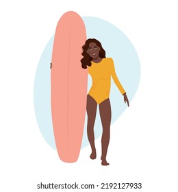 Surfer woman staying on beach summertime, sport activity concept