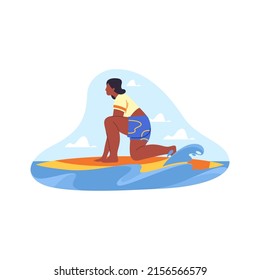 Surfer or woman swims on surfboard, vector icon