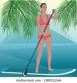 Surfer, a woman in a swimsuit on a board with a paddle - seascape, palm trees - illustration, vector. Relaxation. Sport. Surfing