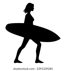 Surfer woman walking silhouette. vector illustration