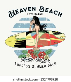 Surfer woman.haven beach .T shirt print design.Vector eps.