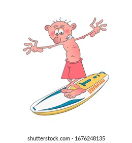 Surfer. A young guy is riding on a surfboard. Cartoon illustration on a white background.