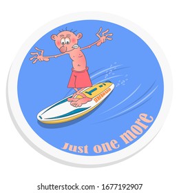 Surfer. A young guy is riding on a surfboard. Cartoon illustration in the form of a sticker.