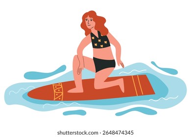 Surfista. Jovem mulher nada em prancha de surfe no oceano ou lago