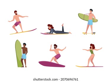 Surfers. Adult active lifestyle surfing boards extreme actions on sea waves water garish vector illustrations collection