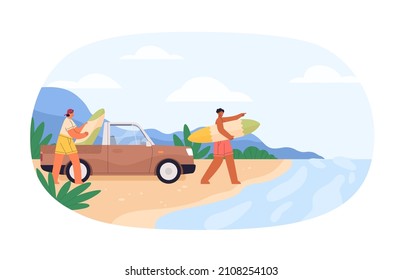 Surfers arrived at sea beach with surfboards. Guys with car and surf boards at seaside on summer holidays. Men friends on summertime vacation. Flat vector illustration isolated on white background