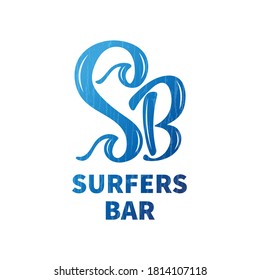 Surfers bar vector logo for business card, ad, menu. Logotype template for beach place or surf shack. Brand identity for cafe stand or coast bistro. Cool design for sport snack bar or tropical lounge.