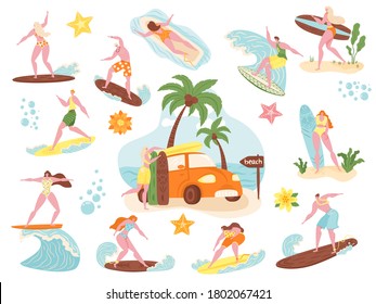 Surfers, beach people surf vector illustration set. Cartoon flat active man woman character swimming, surfing on surfboard in sea waves. Summer beachfront extreme sport activity icon isolated on white