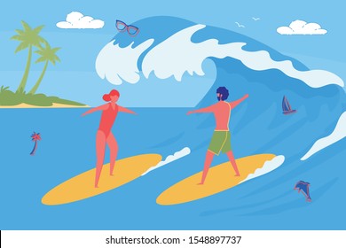 Surfers - Big Wave Catchers, Young Couple or Friends Spending Vacation Together. Man and Woman Cartoon Characters Standing on Surf Boards on Summer Ocean Beach Background. Flat Vector Illustration.