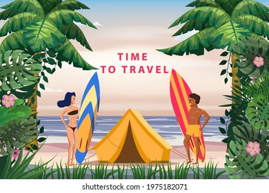 Surfers with boards and a beach tent are relaxing on the coast. Surfing man and woman travel to exotic resorts, palm trees, island, tropical. Vector, illustration, cartoon style, poster, banner