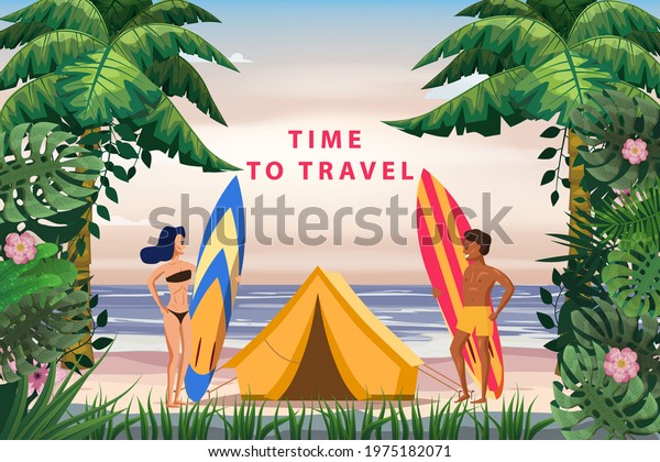 Surfers with boards and a beach tent are relaxing on the coast. Surfing man and woman travel to exotic resorts, palm trees, island, tropical. Vector, illustration, cartoon style travel company wallpaper.