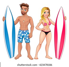 Surfers boy and girl. Vector isolated characters.
