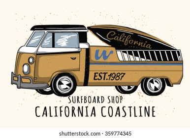 surfer's car Illustration, t-shirt graphics, vectors, typography