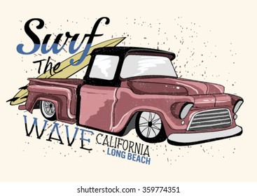 surfer's car Illustration, t-shirt graphics, vectors, typography