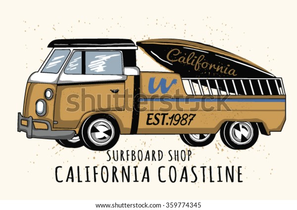 surfer\'s car Illustration, t-shirt graphics,\
vectors, typography