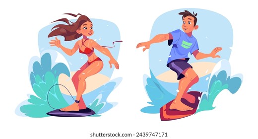 Surfers catching and riding wave on board. Cartoon vector illustration set of young man and woman standing on surfboard in sea or ocean. Happy active people swimming. Summer beach extreme adventure.