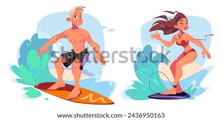 Surfers catching and riding wave on board. Cartoon vector illustration set of young man and woman standing on surfboard in sea or ocean. Happy active people swimming. Summer beach extreme adventure.