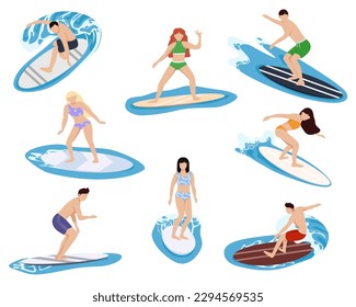 Surfers characters. People on boards dissect sea and ocean waves, beach sport, extreme athletes. Collection of cute funny people in swimwear surfing in sea or ocean.