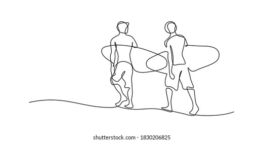 Surfers in continuous line art drawing style. Two fit men walking on the beach with surfboards black linear sketch isolated on white background. Vector illustration