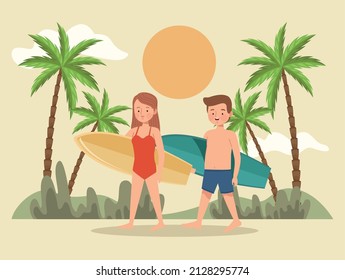 surfers couple with palms scene