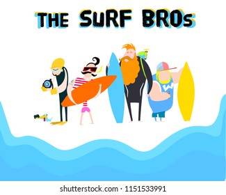 Surfers funny characters with surfboards