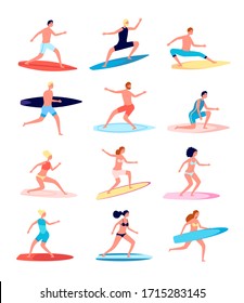 Surfers. Funny people, female surfer standing on surfboard. Happy guy in beachwear. Active surfing boy and girl, beach lifestyle vector set