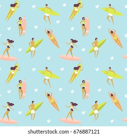 Surfers girls and boys on surfboards in sea waves. Vintage seamless pattern on blue background. Vector illustration