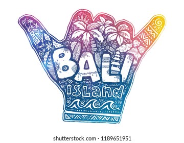 Surfers hang loose shaka hand vector symbol with white Bali island lettering inside and surfing theme doodle style illustrations