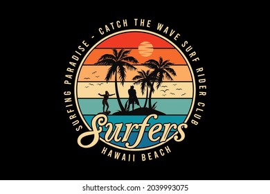 Surfers hawaii beach, design silhouette retro style