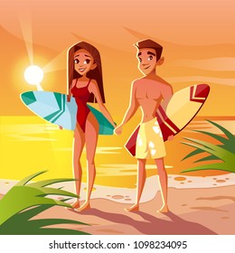 Surfer in Hawaii Vektorillustration Illustration von Jungen und Mädchen Paar mit Surfbrettern am Meeresstrand Sonnenuntergang. Junge Männer und Frauen, die Händen halten auf Sommerhintergrund