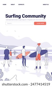 Surfers holding boards standing on beach facing ocean with mountains and birds in background minimalist style