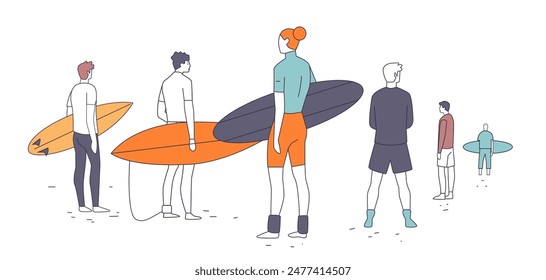 Surfers holding surfboards standing on beach minimalistic design colorful characters outdoor activity summer sport