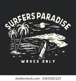 surfers illustration waves graphic design tropical vintage beach summer t shirt black background