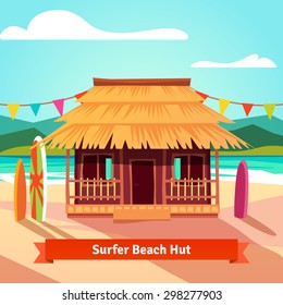 Surfers lagoon beach hut with standing surfboards. Flat style vector illustration isolated.