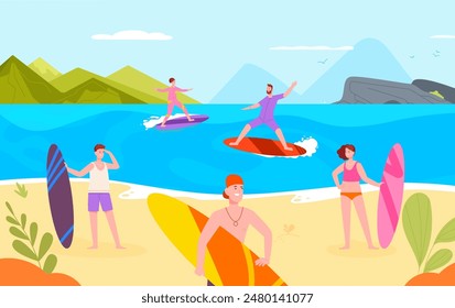 Surfers leisure activities. Happy male female person on surf board ocean wave hawaii tropical beach, fun surfer characters extreme sport sea summer background vector illustration