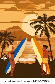 Surfers man and woman couple on the beach, sunset, coast, palm trees. Get ready to surf. Resort, tropics, sea, ocean. Vector, Isolated, Retro, vintage, Poster, Banner