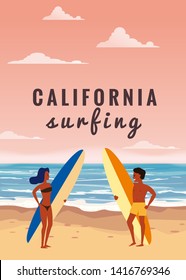 Surfers man and woman couple on the beach, coast, palm trees. Get ready to surf. Resort, tropics, sea, ocean. Vector, Isolated, Flat Style, Poster, Banner