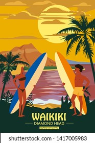 Surfers man and woman couple on the beach Waikiki, sunset, coast, palm trees. Get ready to surf. Resort, tropics, sea, ocean. Vector, Isolated, Retro, vintage, Poster, Banner