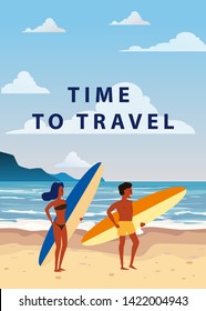 Surfers man and woman couple on the beach, coast, palm trees. Get ready to surf. Resort, tropics, sea, ocean. Vector, Isolated, Flat Style, Poster, Banner
