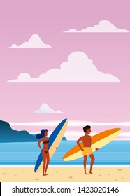 Surfers man and woman on the beach, coast, palm trees. Resort, tropics, sea, ocean. Vector, Isolated, Flat Style, Poster, Banner