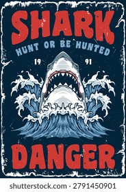 Surfers navigate crashing waves under a vibrant sky while a warning about sharks looms nearby. The scene captures the thrill and danger of surfing in ocean waters.