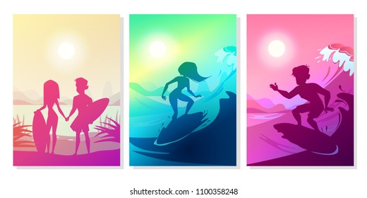 Surfers at ocean vector illustration of boy and girl couple with boards at Hawaii beach. Silhouette of man and woman holding by hands on summer surfing at blue and ultraviolet sun background