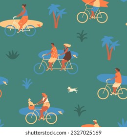 Surfers on bicycles seamless pattern in vector. Summer coastal illustration.