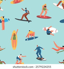 Surfers on boards catch waves. People engaged in summer water sports, marine beach activity, repeated characters, vector seamless pattern