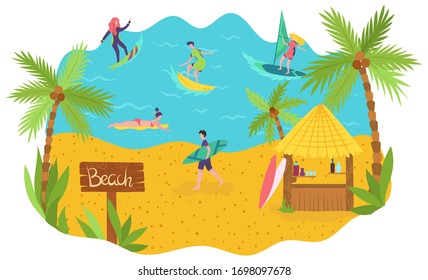 Surfers on ocean beach enjoy summer vacation, people active leisure, vector illustration. Men and women cartoon characters in flat style, exotic seaside resort on tropical island coast, holiday resort