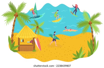 Surfers on ocean beach enjoy summer vacation, people active leisure, vector illustration